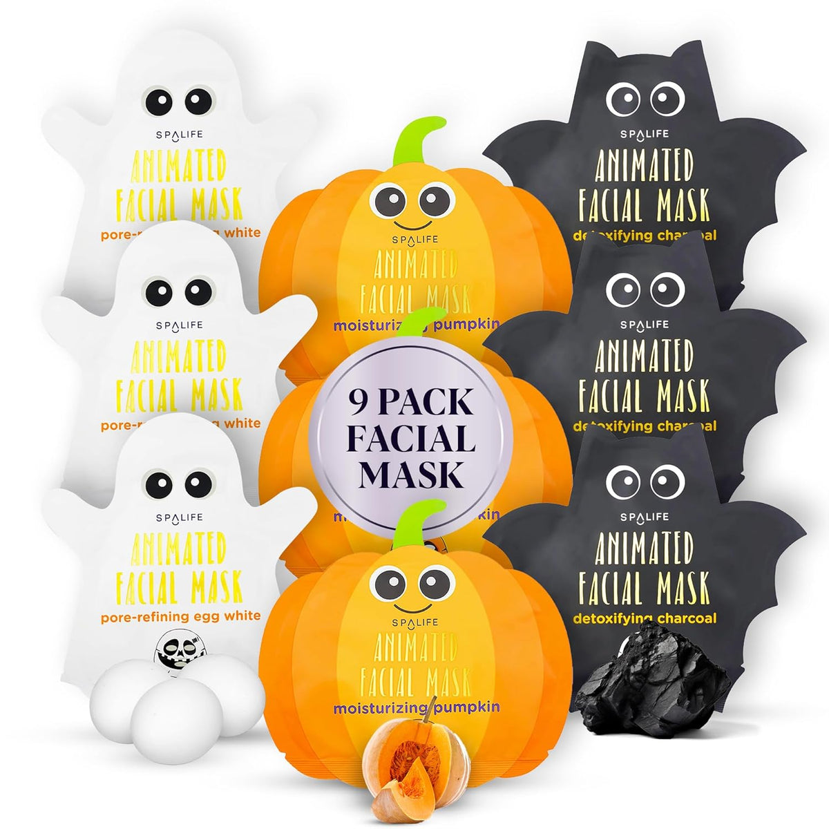 three themed sheet masks per bundle: pumpkin (moisturizing), ghost egg white (pore-refining), bat charcoal (detoxifying)