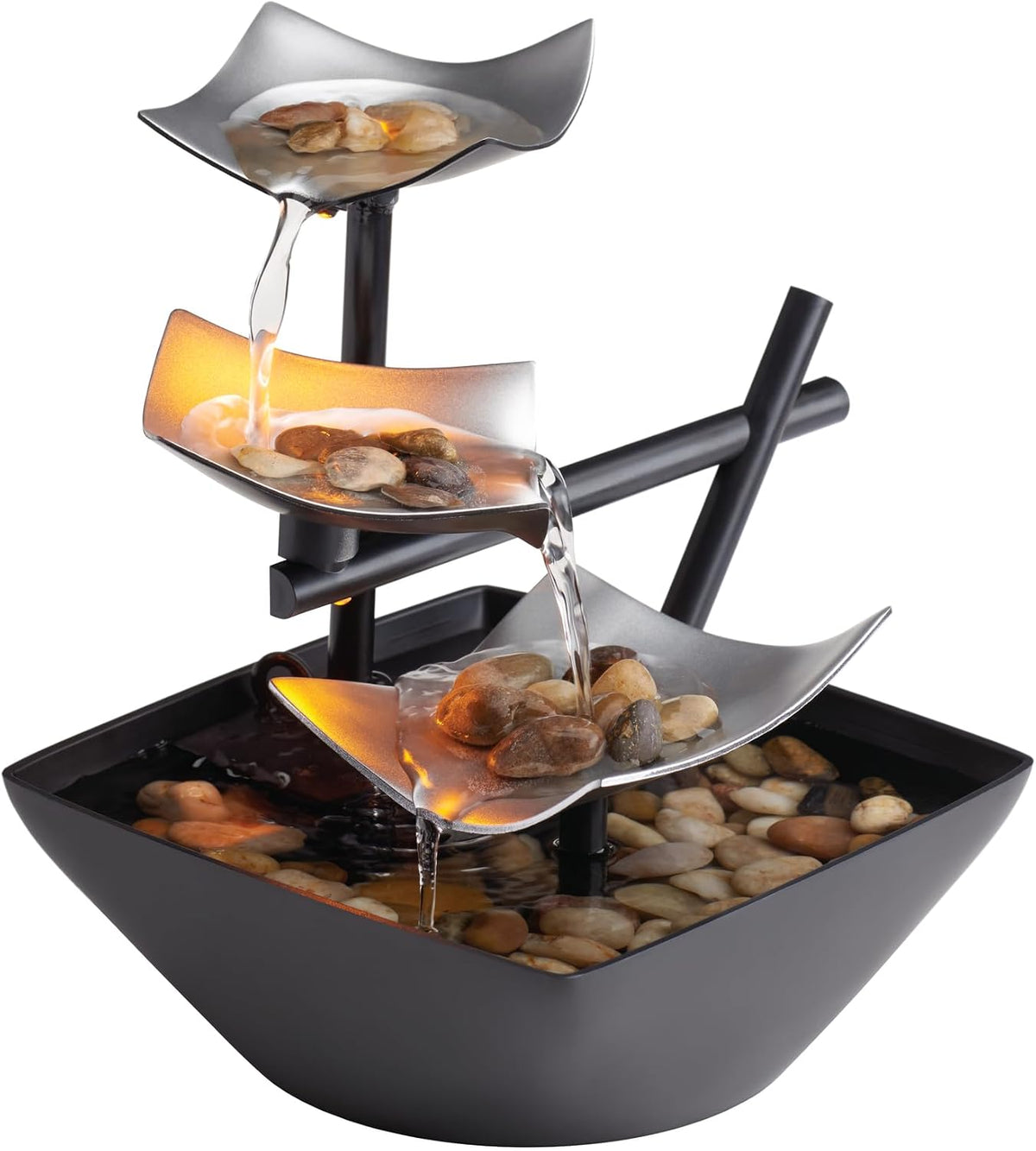 three-tier leaf waterfall with multiple water streams, an extra-deep open basin, and included natural river rocks
