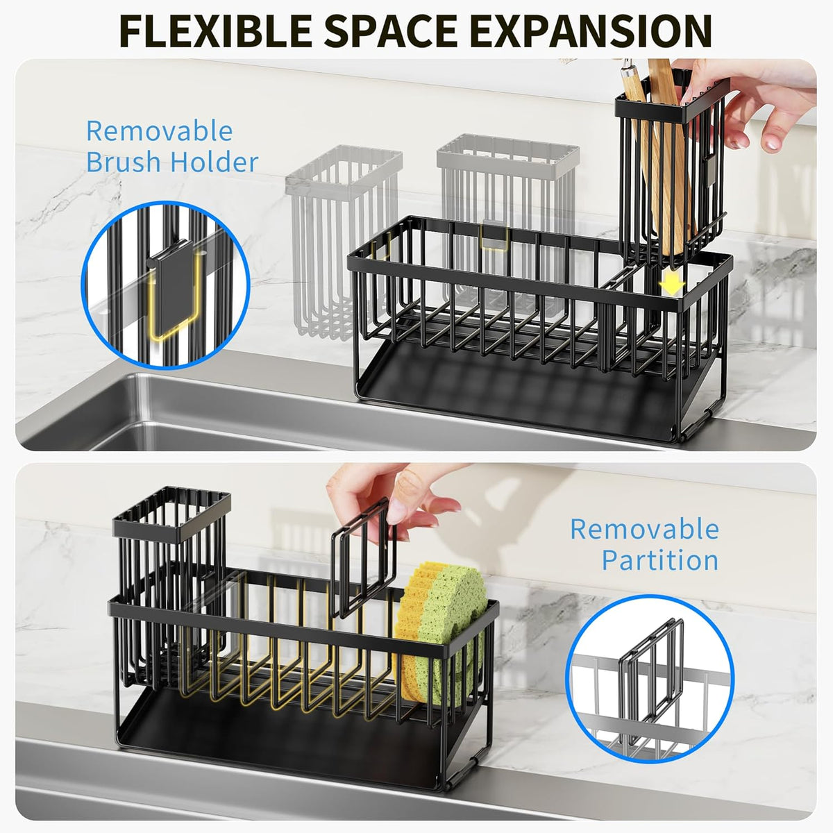 three to four separate compartments for sponges, brushes, and soap dispensers