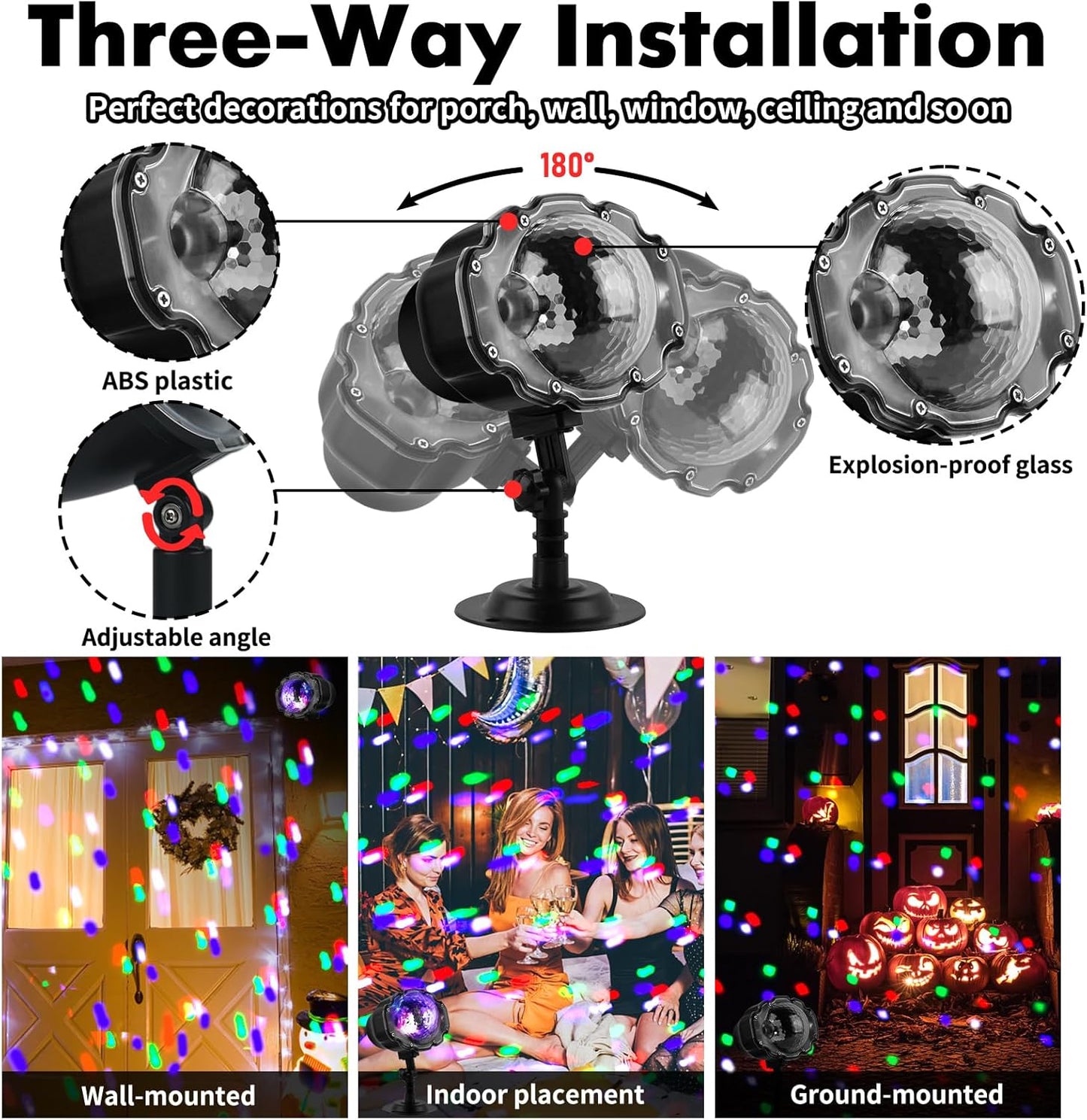 three-way mounting kit: round base, long ground stake, and wall/ceiling screws with plastic plugs