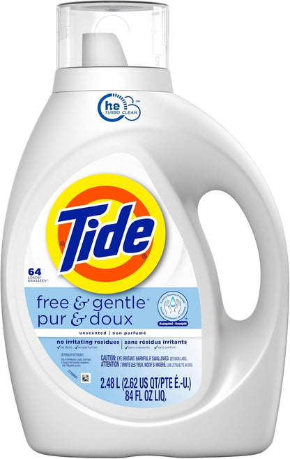 Tide Free and Gentle Liquid Detergent – Family Laundry for Newborns and Kids with Sensitive Skin, Dye-Free, 64 Load Bottle