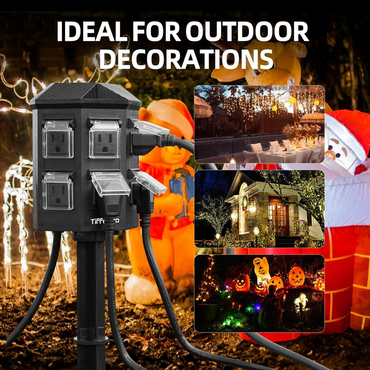 TiFFCOFiO Outdoor Power Stake Timer with 100FT Remote, Weatherproof Yard Stake with 6 Grounded Outlets for Patio, Garden, and Pathway Lighting