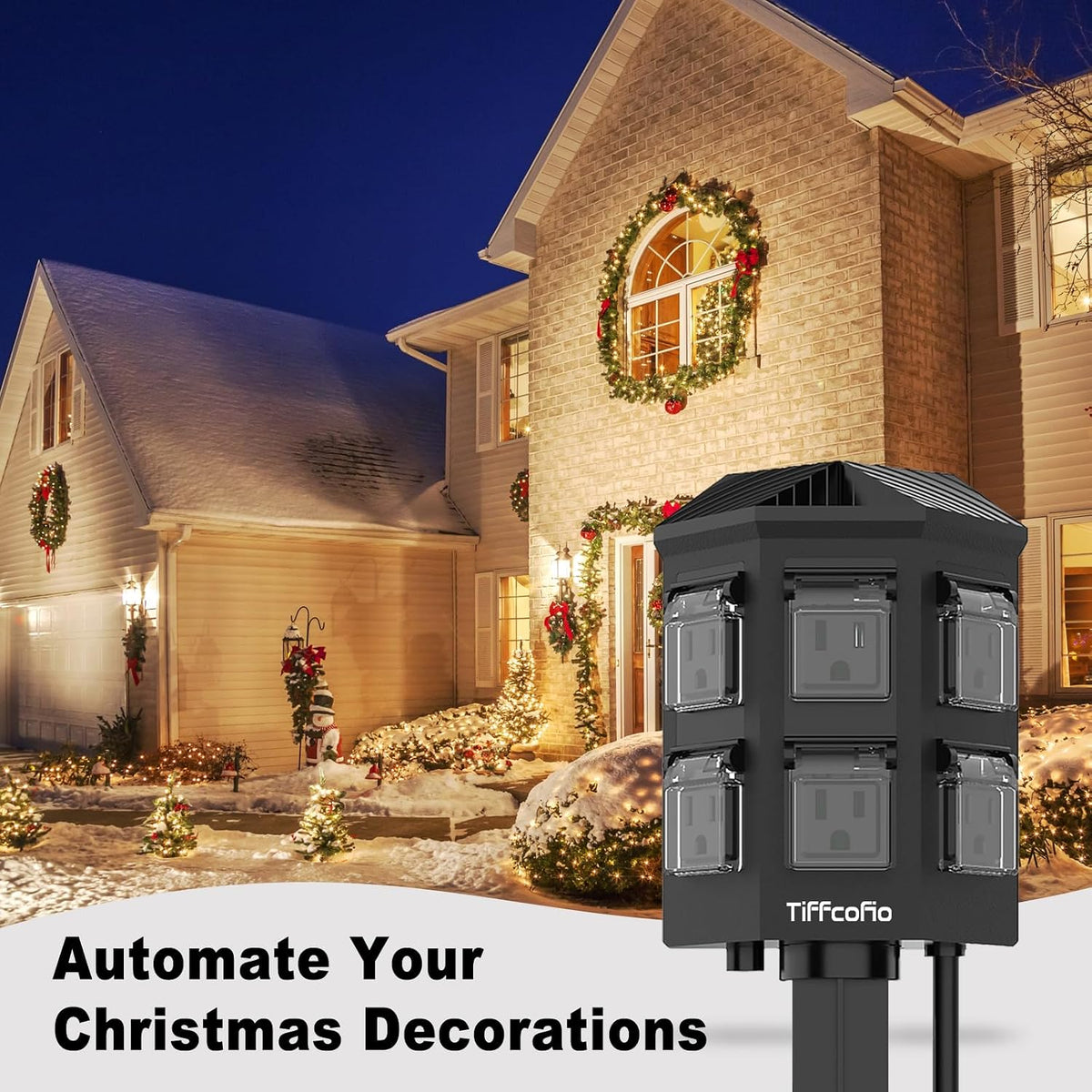 TiFFCOFiO Outdoor Power Stake Timer with 100FT Remote, Weatherproof Yard Stake with 6 Grounded Outlets for Patio, Garden, and Pathway Lighting