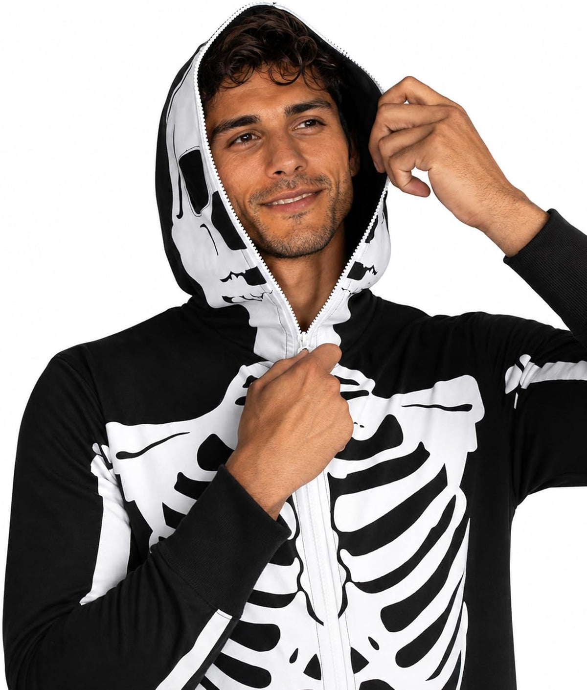 Tipsy Elves Men's Skeleton Jumpsuit - Trick-or-Treating Costume for Cold October Nights, Hooded One-Piece