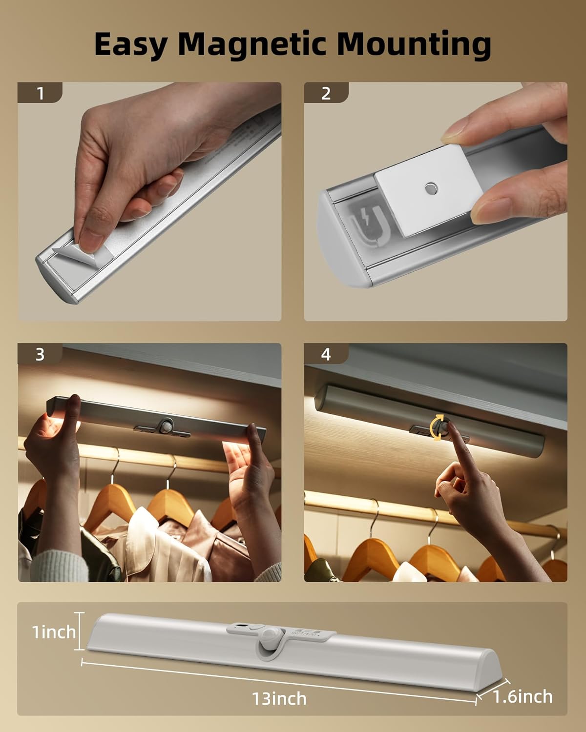 tool-free installation via 4 magnetic adhesive pads; light snaps off the mount for easy charging