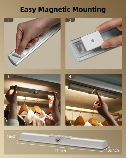 tool-free installation via 4 magnetic adhesive pads; light snaps off the mount for easy charging