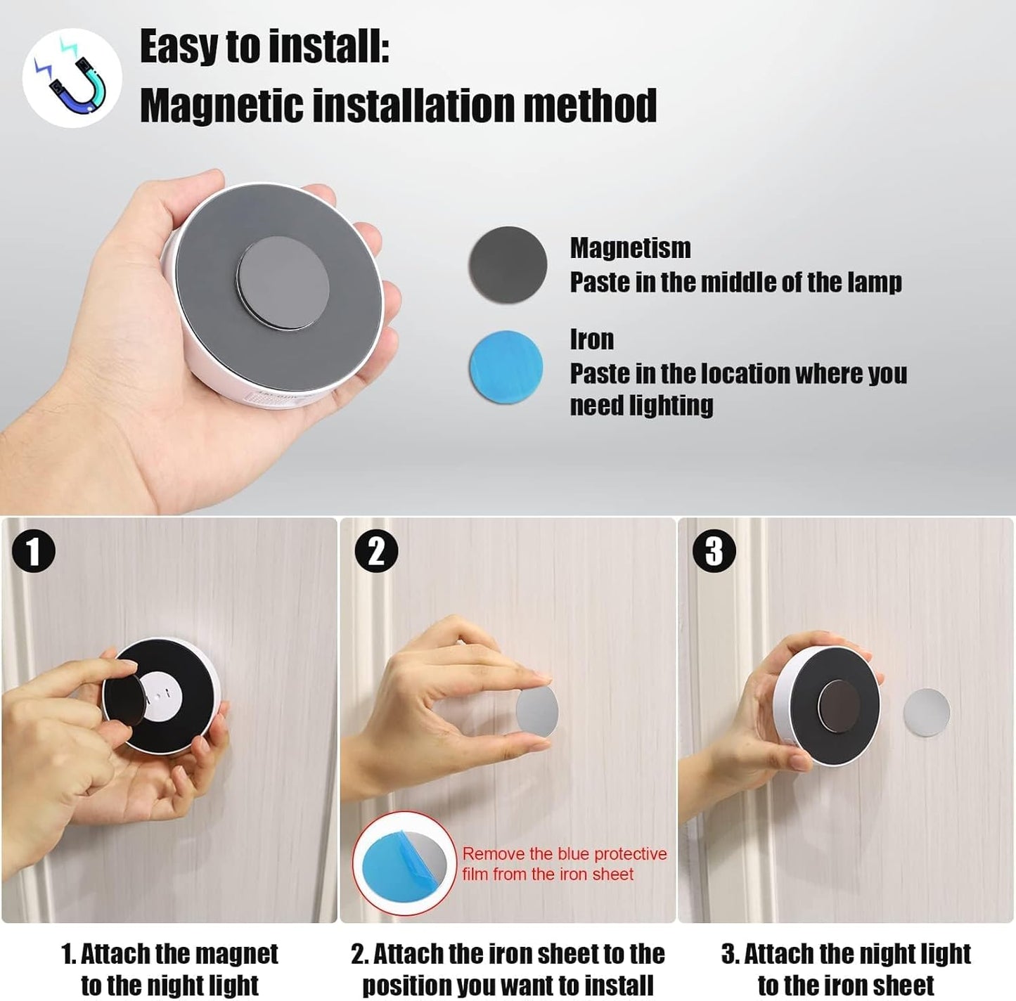 tool-free installation via included magnetic strip and adhesive iron sheet