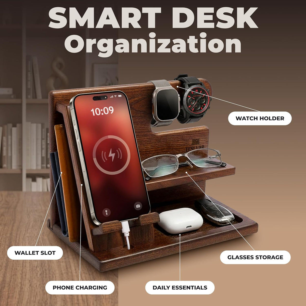 top bar accommodates a wristwatch, smartwatch, or bracelets