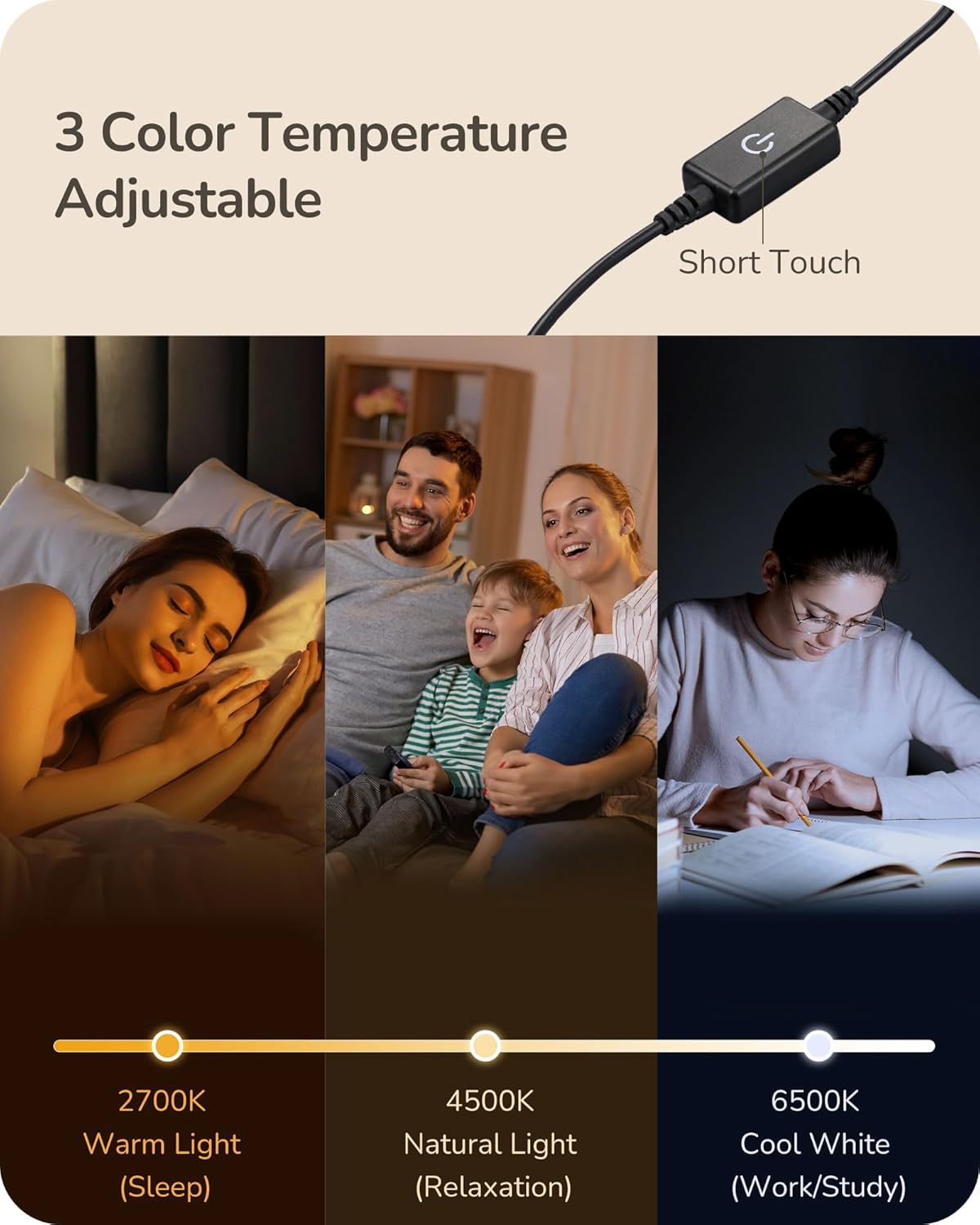 touch control on power cord with short-press (color) and long-press (brightness)