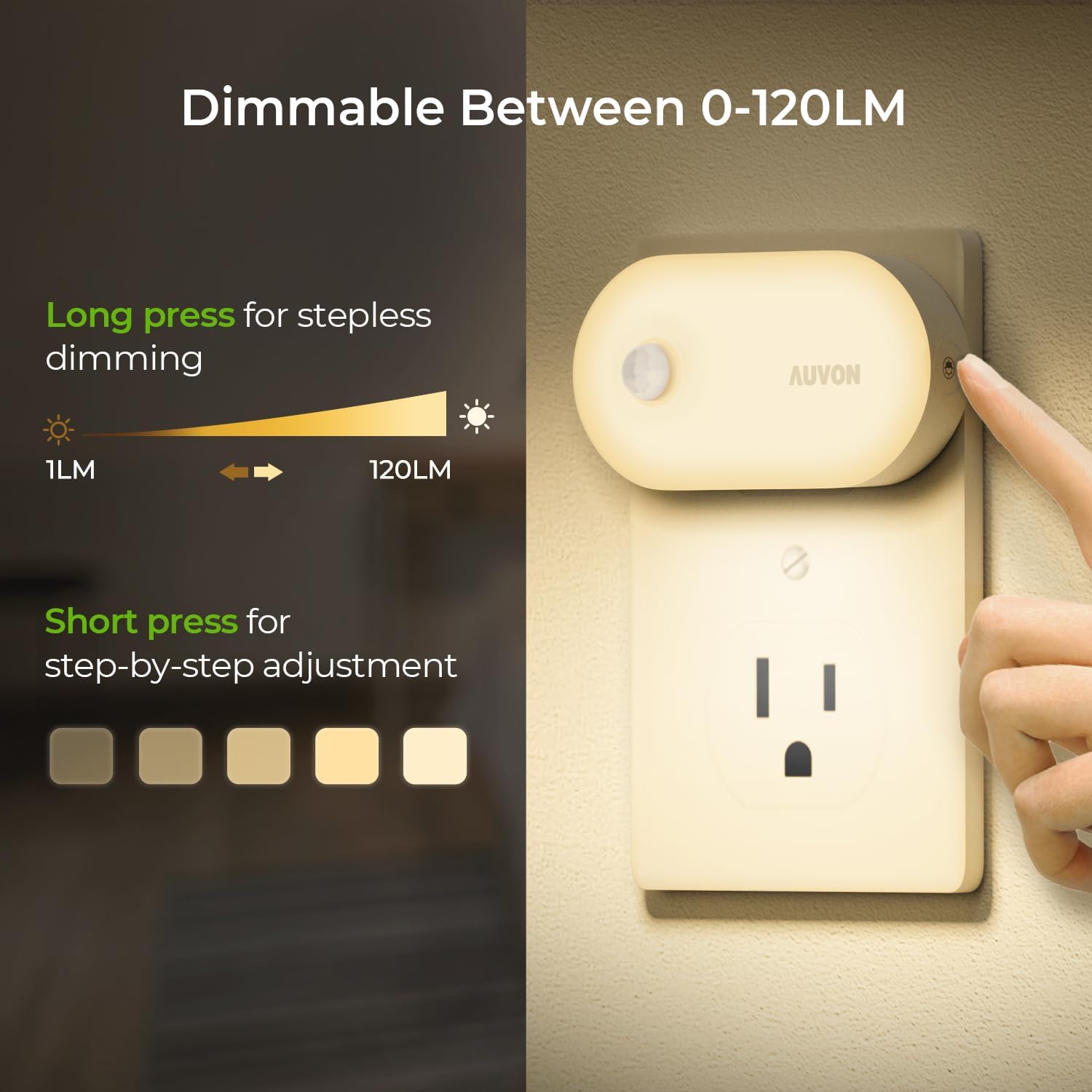 touch-control top button for tap or long-press brightness adjustment