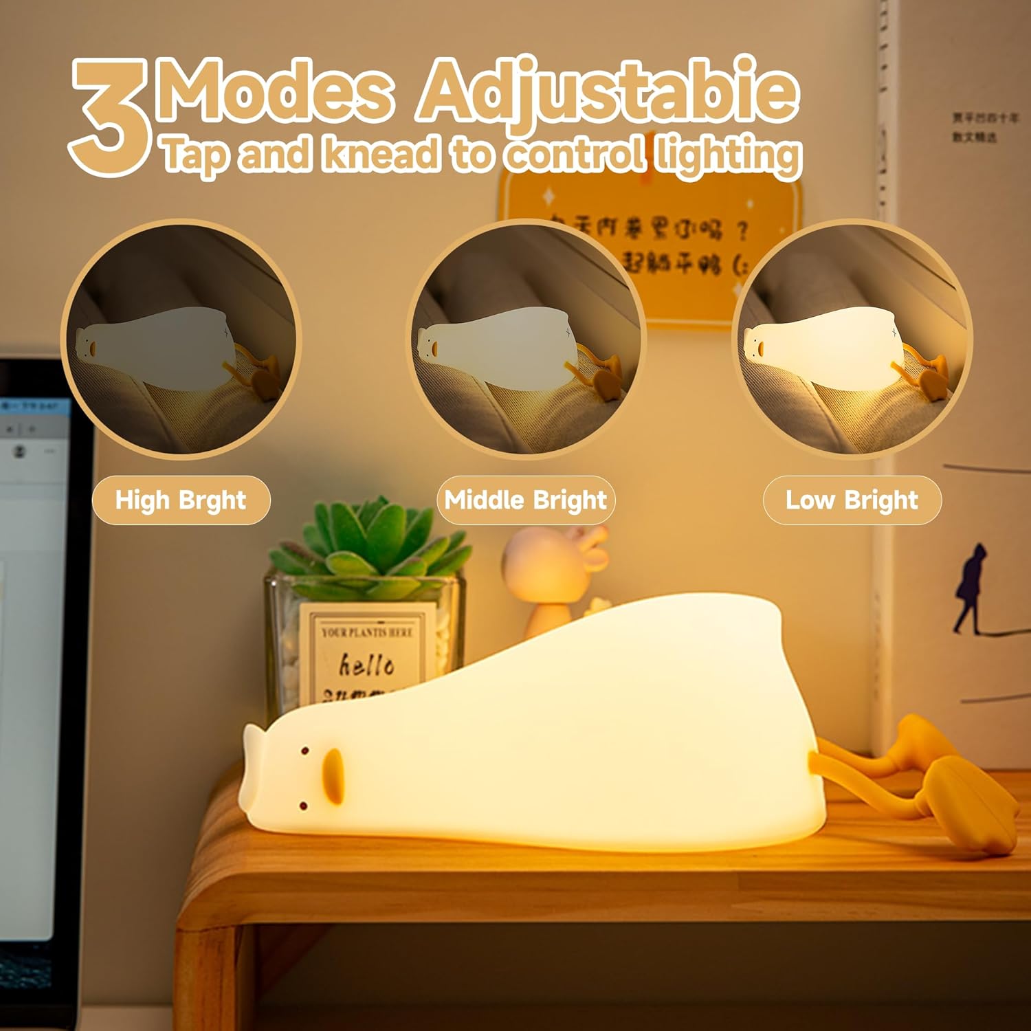touch-tap control on the belly with 3 brightness settings and 30-minute auto shut-off