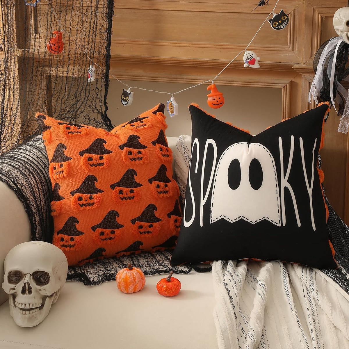 TOYPOR Family Friendly Halloween Pillow Covers 20x20 Soft Double-Sided Velvet Ghost Pumpkin Slipcovers for Pet-Friendly Living Spaces