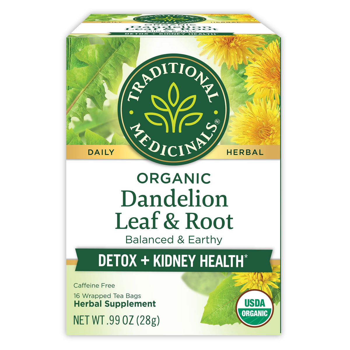 Traditional Medicinals Organic Dandelion Leaf & Root Herbal Tea (Pack of 1), Supports Kidney Function and Healthy Digestion, 16 Tea Bags Total