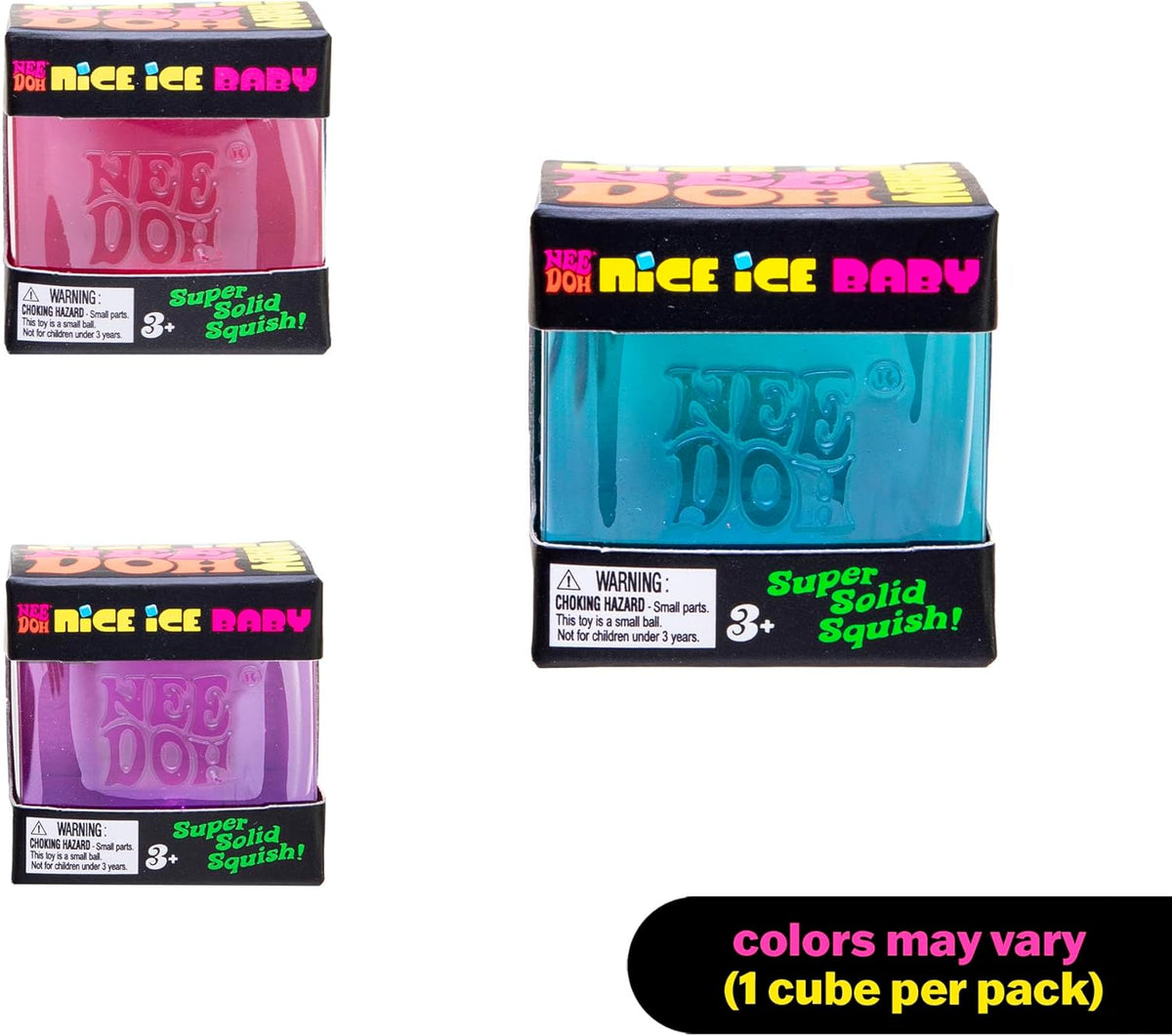 translucent ice-cube shape in assorted colors (blue, pink, purple)