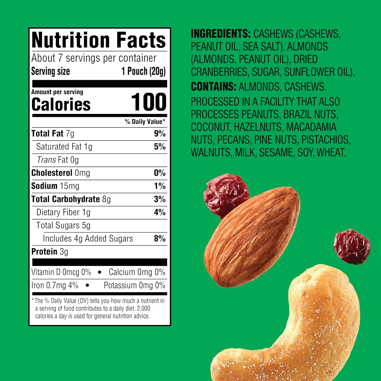 tri-component blend of whole cashews, whole almonds, and dried cranberries