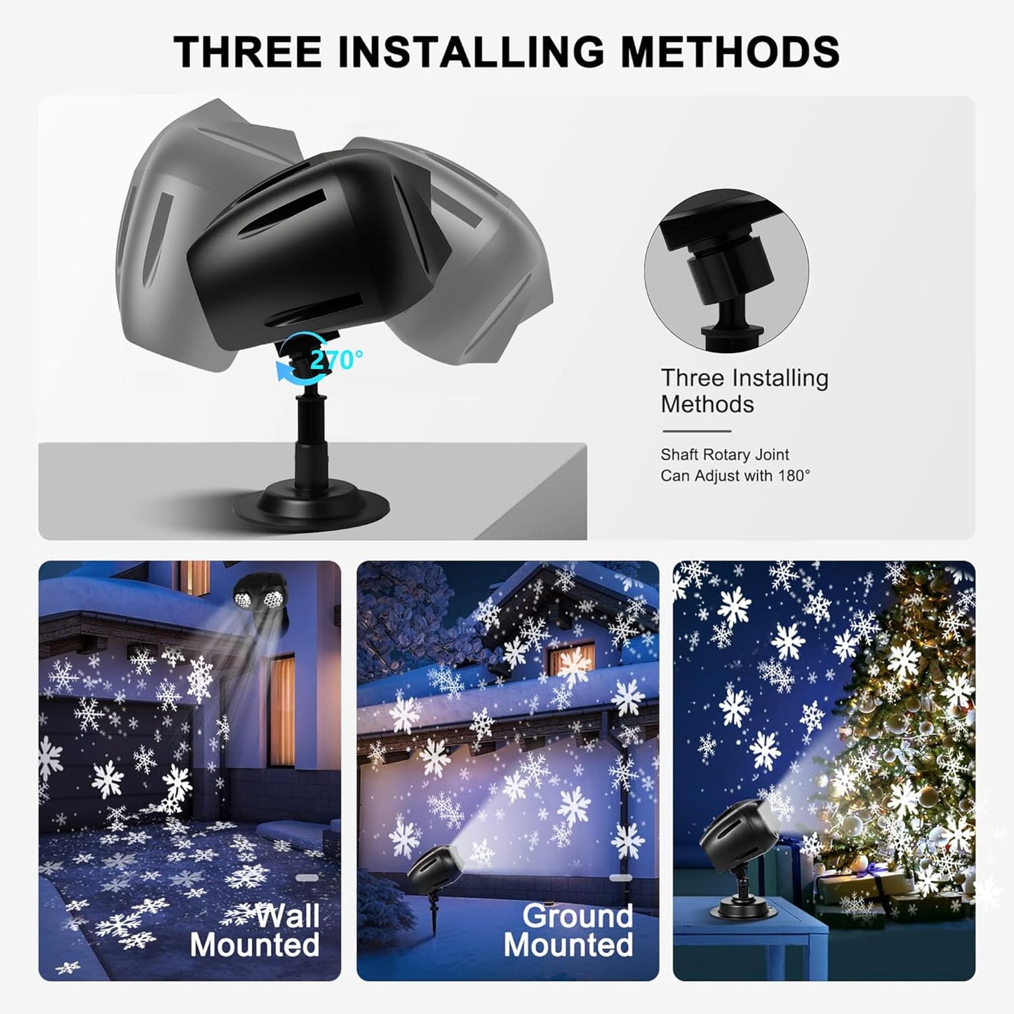 triple installation system: ground stake, wall-mount kit, and flat round base (no tools required)