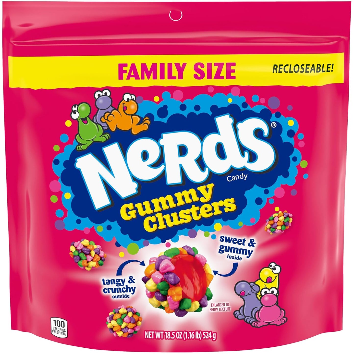 triple-texture construction: tangy crunchy nerds coating, sweet gummy layer, and juicy liquid center