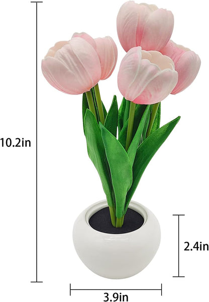 Tulip Floral Lamp with Vase – Housewarming and Holiday Gift for Women, Pink Faux Flower Desk Light