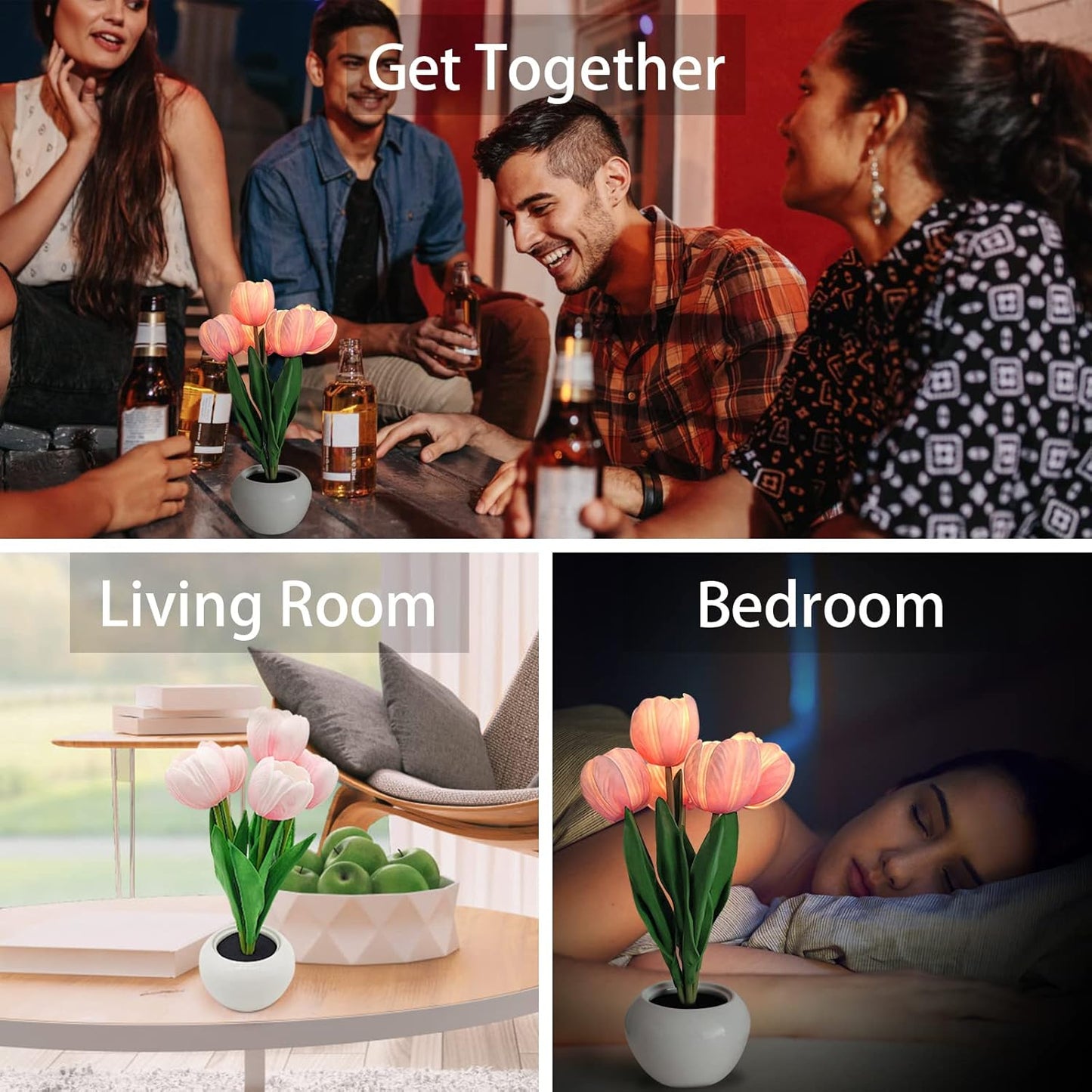 Tulip Floral Lamp with Vase – Housewarming and Holiday Gift for Women, Pink Faux Flower Desk Light