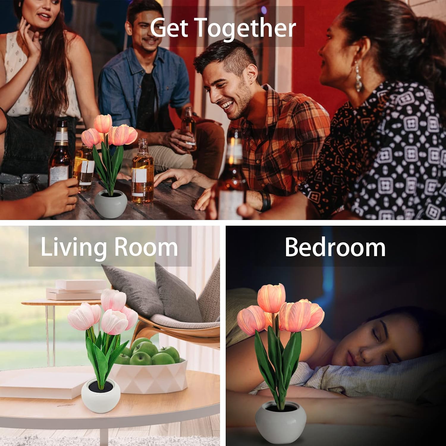 Tulip Floral Lamp with Vase – Housewarming and Holiday Gift for Women, Pink Faux Flower Desk Light