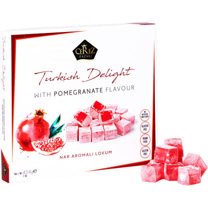Turkish Delight Pomegranate Flavor, Gourmet Medium Size Snacks Gift Box, Sweet Luxury Traditional Confectionery, Vegan Soft Candy Dessert Loukoumi, Nuts &amp;amp; Glucose-Free Lokum, Approx. 42 Pcs, 16 oz.
