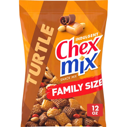 turtle flavor blend combining corn chex, cocoa chex, and caramel chex pieces with pretzels, caramel drizzled popcorn, chocolatey pieces, and peanuts