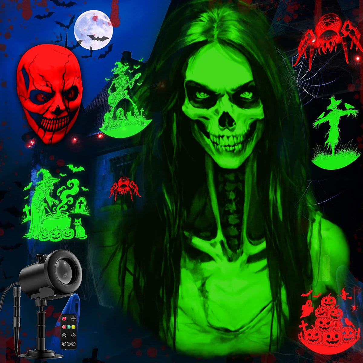 twelve projection patterns, including eight moving 3d halloween designs and four christmas designs