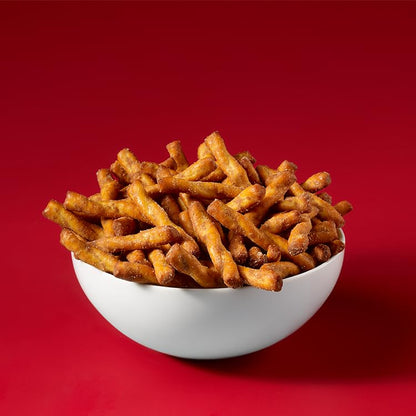 twist-shaped pretzel form for extra crunch and seasoning adherence