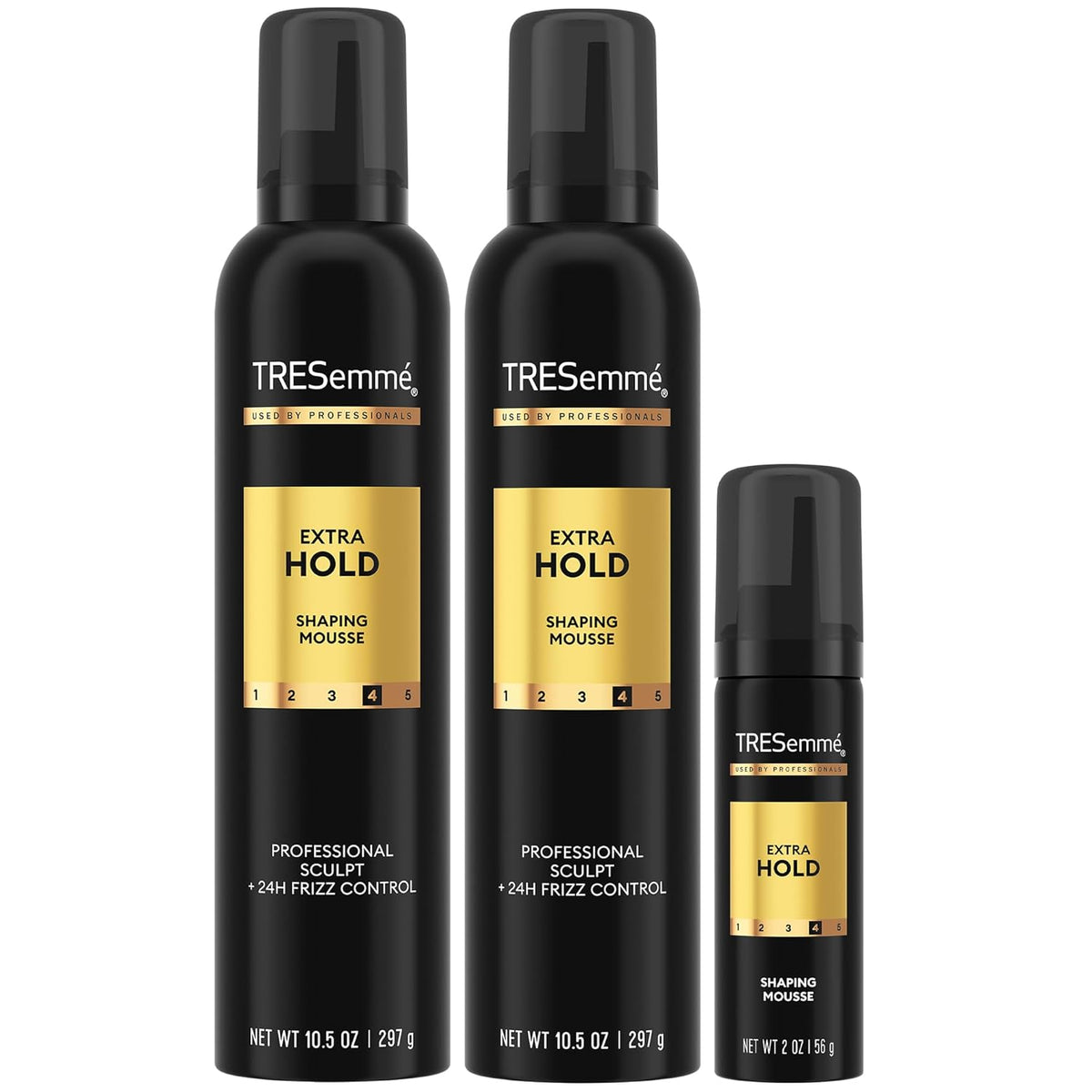 two 10.5 oz full-size extra hold shaping mousse bottles plus one 2 oz travel-size bottle