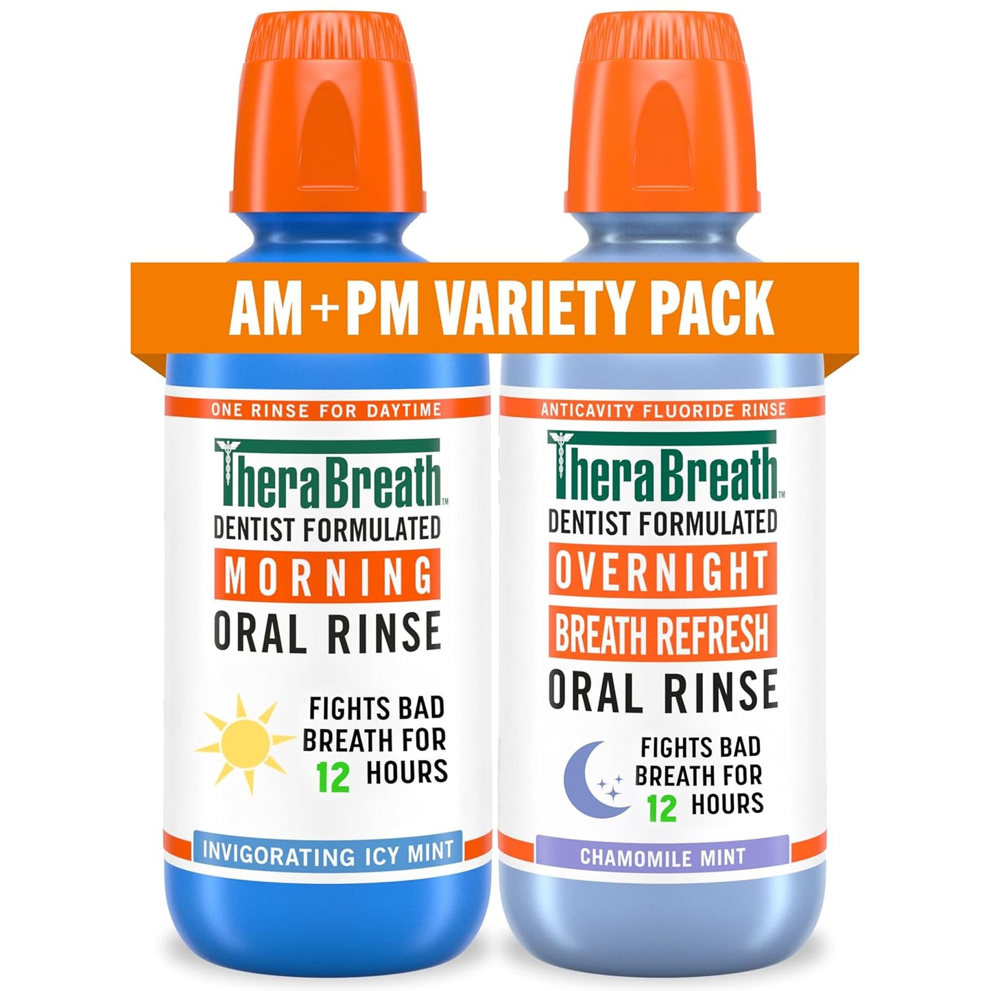 two 16 fl oz bottles included: morning oral rinse (icy mint) and overnight oral rinse (chamomile mint)