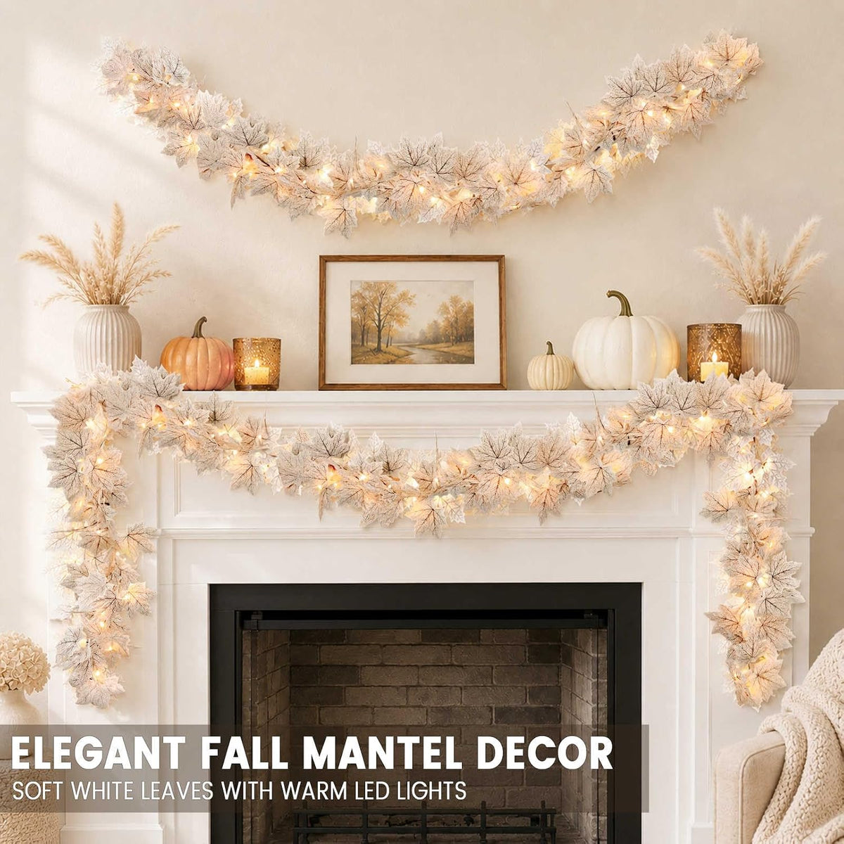 Thanksgiving Decorations 2 Pack Fall Garland with Lights – Smokeless Battery Garland for Cozy Apartment Living Room