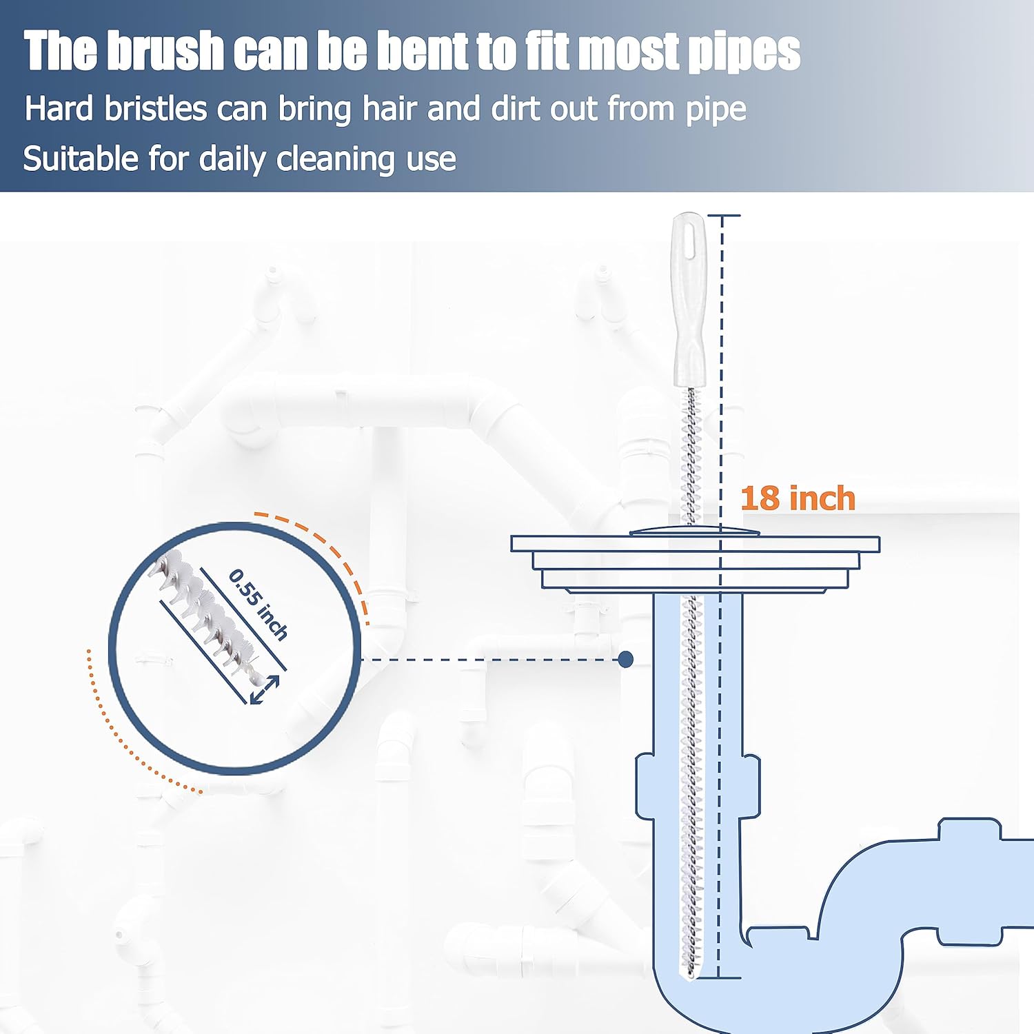 two bendable cleaning brushes for scrubbing pipe interior walls