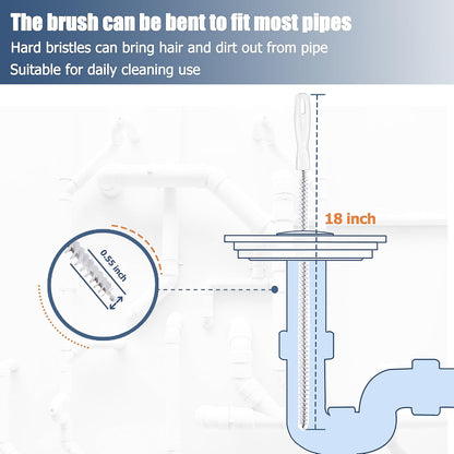 two bendable cleaning brushes for scrubbing pipe interior walls