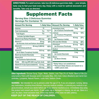 two bottle-count options: 150 gummies for a 75-day supply and 120 gummies for a 60-day supply at two gummies per day.