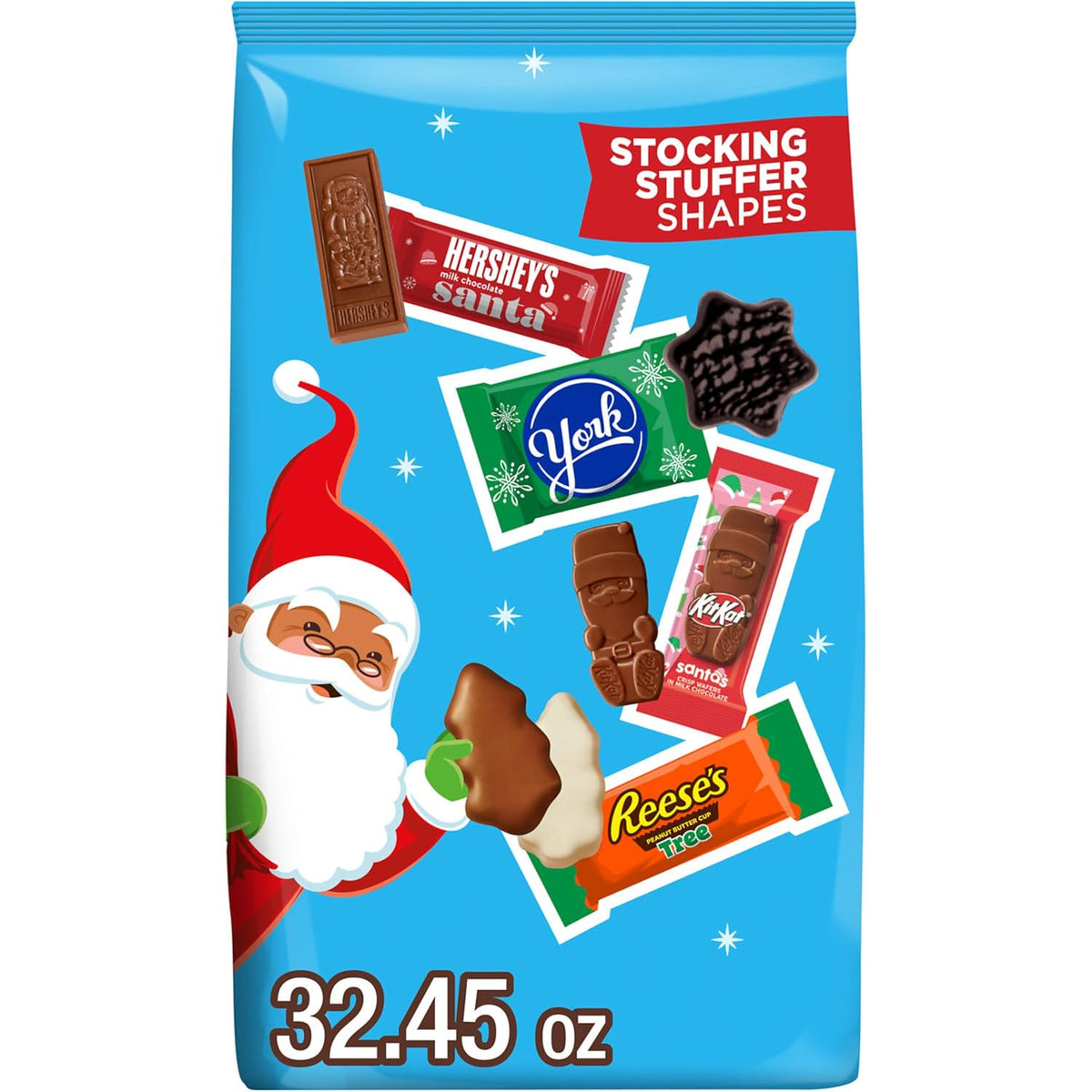 two bulk configurations: 32.45 ounces with hershey's, reese's, kit kat, and york, or 34.2 ounces with hershey's, reese's, and rolo