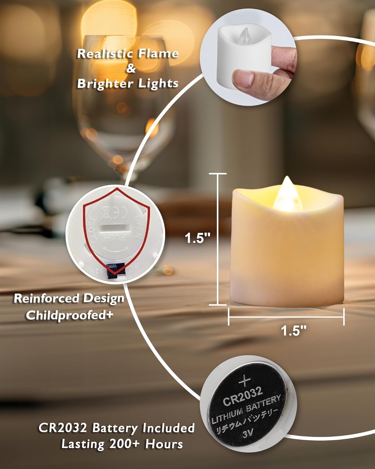 two color options (white or ivory base) in 24-pack or 50-pack quantities with included batteries