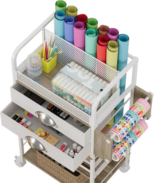 two fabric storage drawers and a top tray for small craft tools and accessories