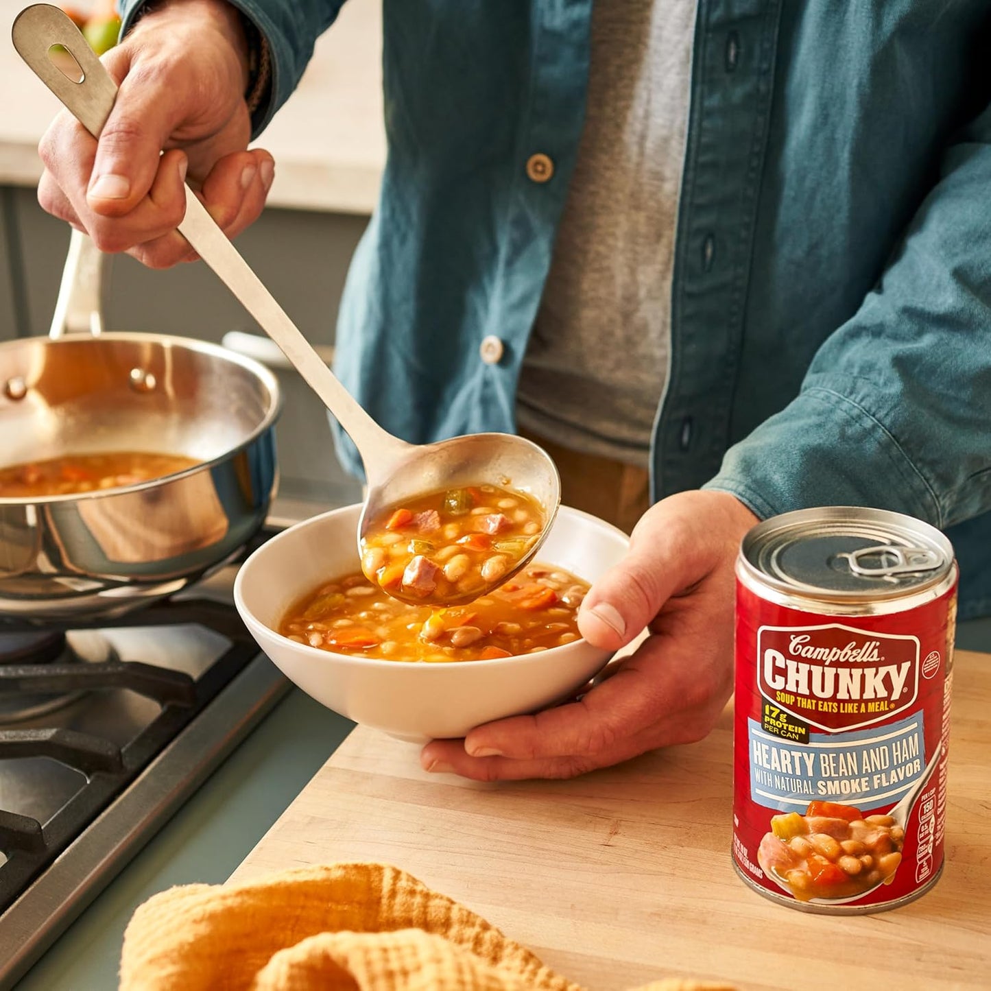 two flavor variants: hearty bean with ham and old fashioned potato ham chowder