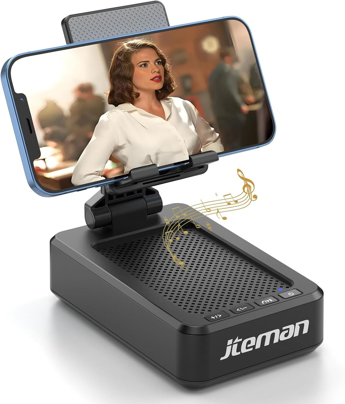 two-in-one design combines an adjustable phone and tablet stand with a bluetooth speaker