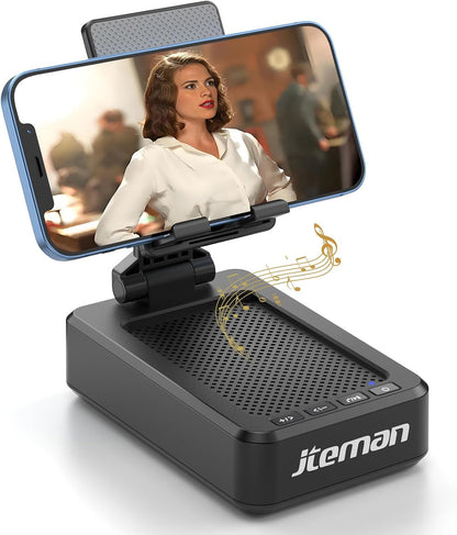 two-in-one design combines an adjustable phone and tablet stand with a bluetooth speaker