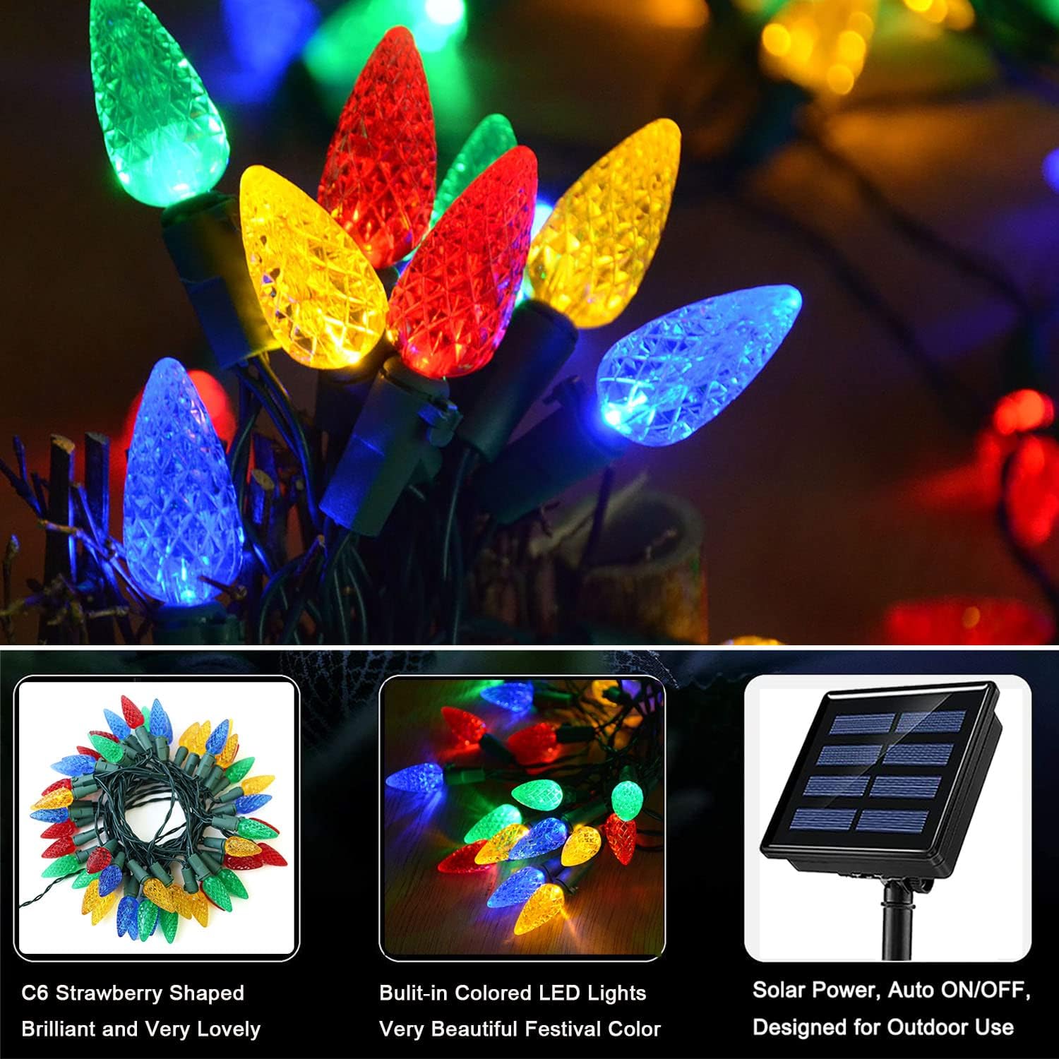 two-pack configuration totaling 100 multicolor c6 strawberry-shaped led bulbs