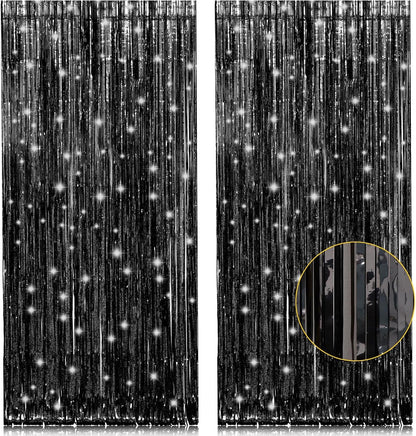 two-pack set of 3.2ft x 8.2ft foil fringe curtains totaling wide coverage area