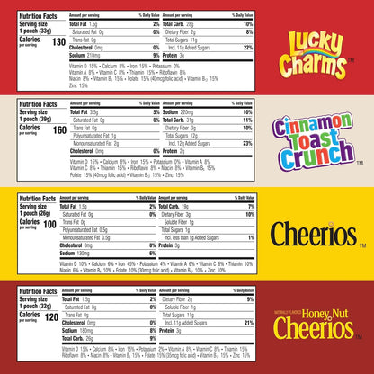 two pouches each of lucky charms, cinnamon toast crunch, cheerios, and honey nut cheerios