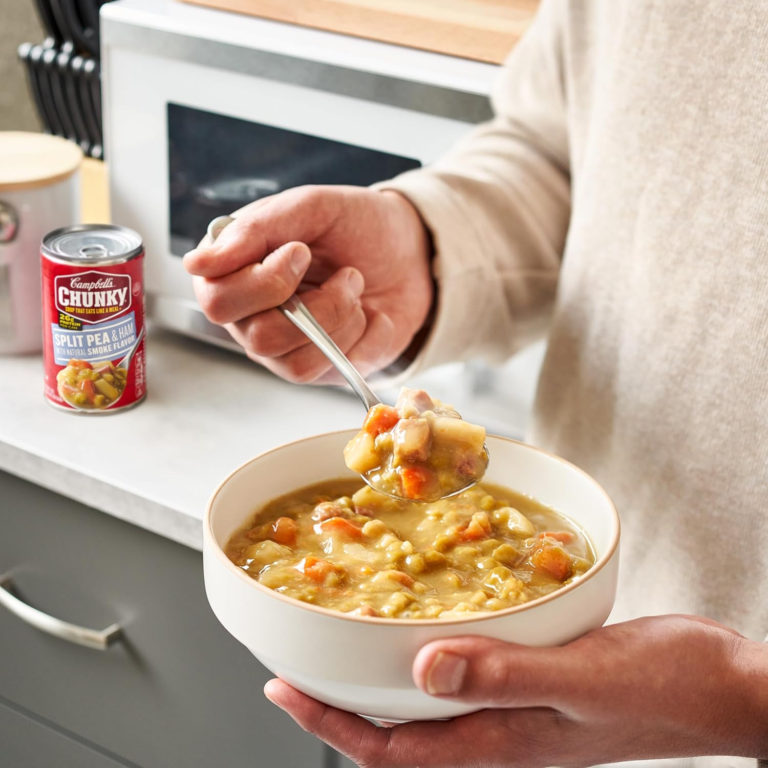 two product variants: original split pea with ham and lower-sodium healthy request version