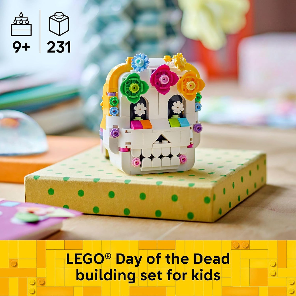 two-sided build featuring a sugar-skull design on one face and an altar with flower arch on the reverse