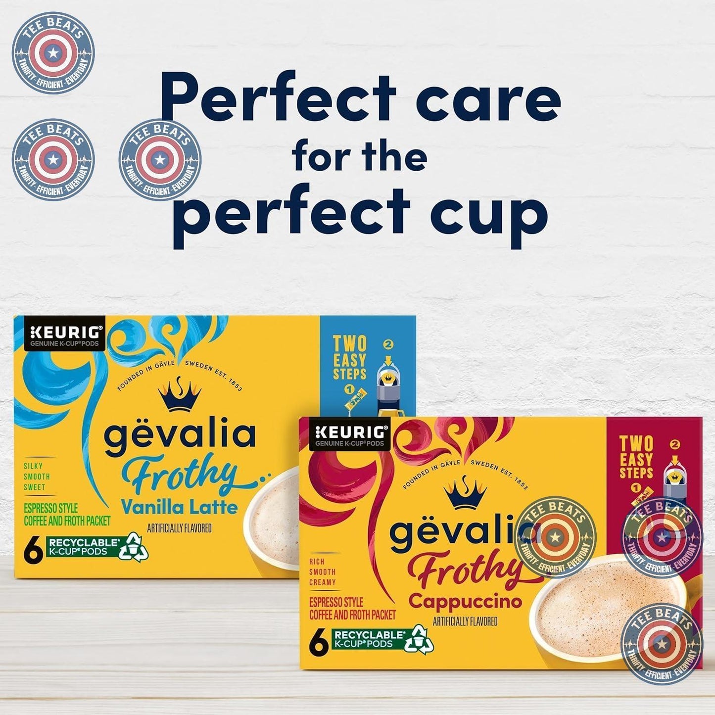 two-step preparation: empty froth packet into mug, then brew an 8-ounce k-cup directly over it