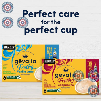 two-step preparation: empty froth packet into mug, then brew an 8-ounce k-cup directly over it