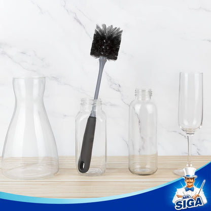 two-tone nylon bristle system: firm grey tip + softer black body bristles