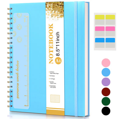 UEBZFOCS Spiral Notebook Journal 8.5” x 11”, Lined Notebooks for Women Men, A4 Large College Ruled Journal, 100 GSM Paper, Plastic Hardcover Spiral Bound Journals for Work School Business, Blue