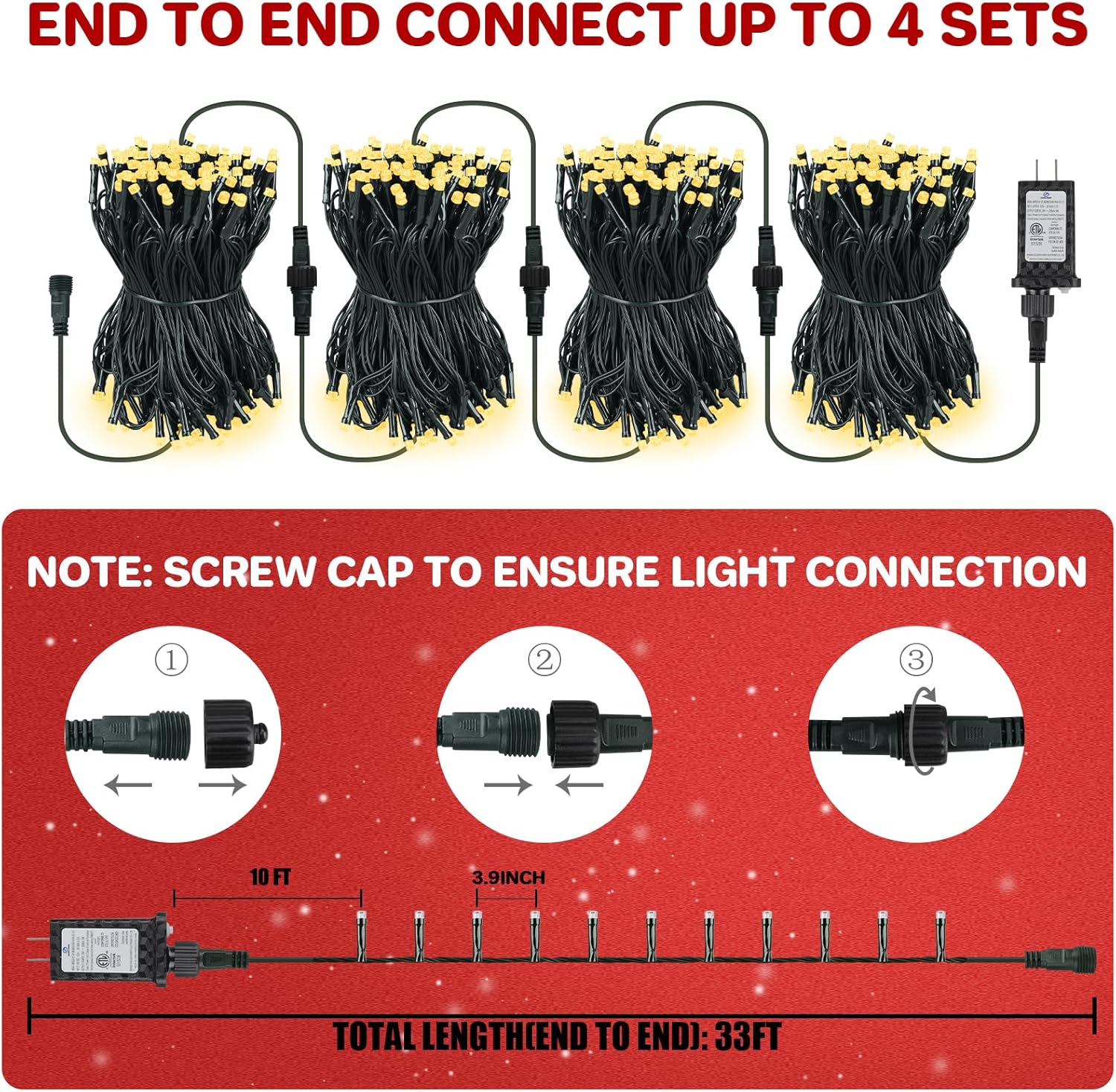 ul-certified 29v low-voltage plug with 10 ft lead wire and 4-inch bulb spacing